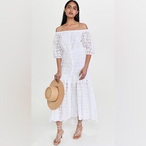 NEW Veronica Beard White Cali Eyelet Off the Shoulder Cotton Maxi Dress, Size 4